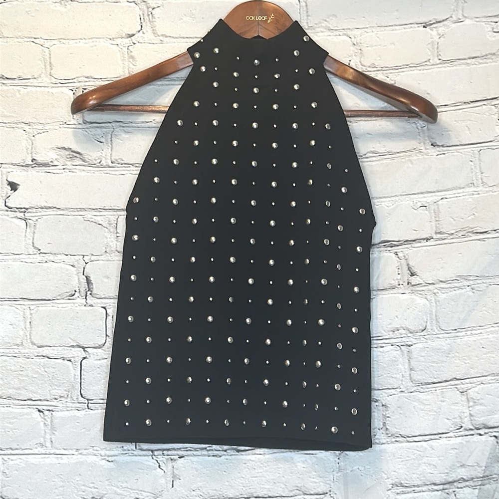 Zara High Neck Halter-Style Black Silver Studded Top Size Small